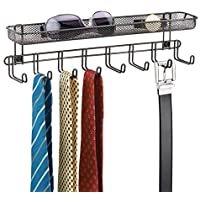 mDesign Perchero de pared con cesta organizadora color bronce - Colgador de collares y accesorios con 8 ganchos - Cuelga…